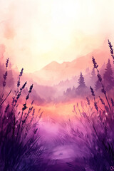 Watercolor Sunset Landscape with Lavender Fields. Dreamy Mountain Sunset in Purple Tones. Soft Watercolor Nature Scene at Golden Hour
