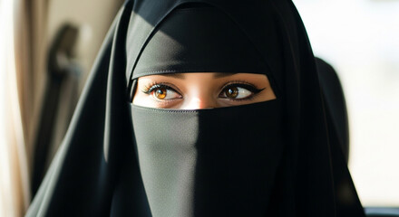 Close-up of a muslim woman's expressive eyes wearing a black niqab