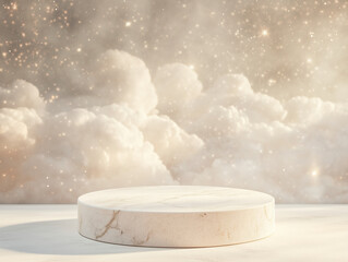 White Marble Podium with Cloud Background. Magic Cloud Scene Product Display Stand. Elegant Marble Pedestal with Sparkling Sky