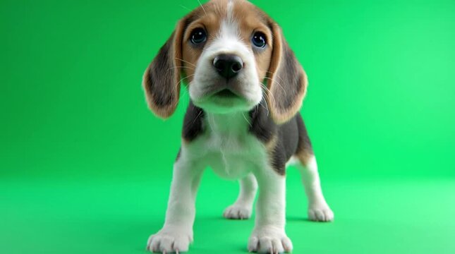 Beagle Puppy Dog 3D Animation, Cinematic Low Angle, Standing And Looking Around, Seamless Loop Chroma Key Motion