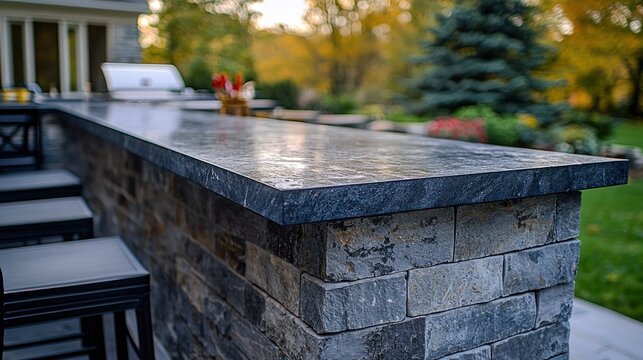 Stone outdoor kitchen bar with a gray countertop, stools, and autumn backdrop