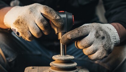 A mechanic in dirty work gloves uses a ratchet wrench to tighten a bolt on a machine part.