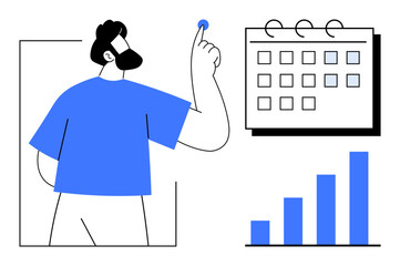 Man gesturing towards calendar with marked dates and bar graph representing progress or data. Ideal for time management, planning, productivity, business, goals tracking, scheduling, teamwork, simple