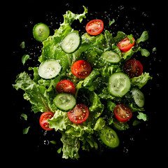 Fresh Salad Splash with Lettuce and Vegetables. Floating Green Salad Ingredients on Black. Fresh Vegetables with Water Drops
