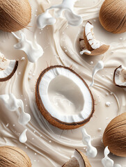 Coconut Milk Splash with Fresh Coconuts. Tropical Coconut Cream Explosion. Fresh Coconut Pieces and Milk Swirl