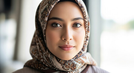 Portrait of a confident young muslim woman wearing a patterned hijab.