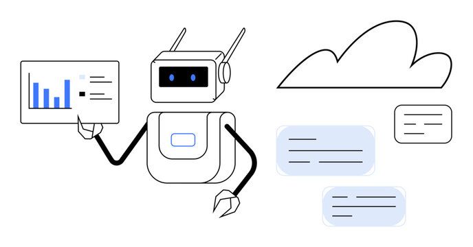 Robot analyzing charts on tablet, surrounded by cloud and document icons. Ideal for automation, AI, cloud computing, data analysis, technology, innovation and future concepts. Simple flat metaphor