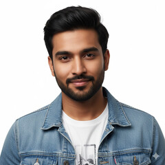 Young confident man with beard smiling in casual denim jacket