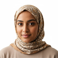 Young south asian woman in elegant patterned hijab looks at camera