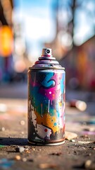 Naklejka premium Colorful spray paint can stands upright on a dusty ground, blurred background