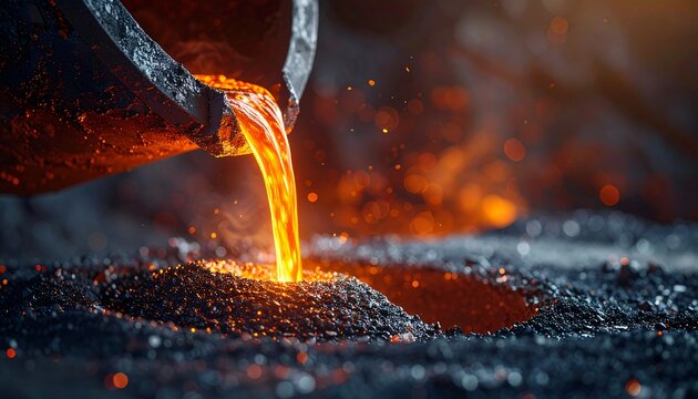A stream of glowing molten metal being poured from a dark crucible into a casting mold in a foundry. - Powered by Adobe