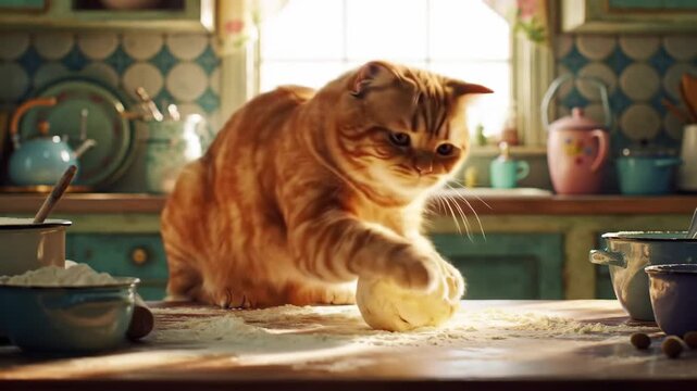 Ginger cat kneading dough in rustic kitchen, with ingredients and light in background for baking ad
