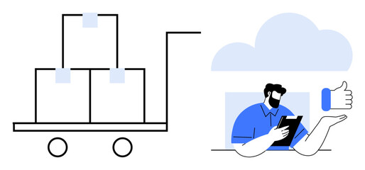 Cart carrying stacked boxes, man managing digital inventory using a tablet, and thumbs-up in cloud imagery. Ideal for shipping, logistics, cloud tech, inventory management, e-commerce, efficiency