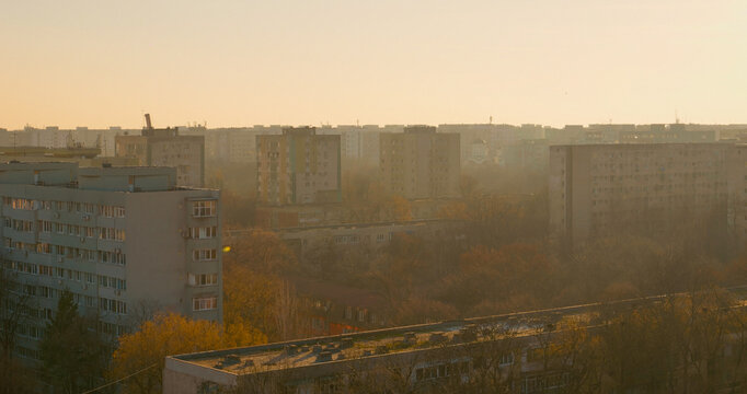 Pollution covering residential blocks in a densely populated urban area