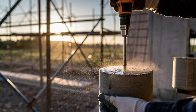A construction worker drills into a concrete core sample on a building site at sunrise, creating dust.