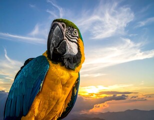 Colorful macaw with blue wings and yellow chest poses against a sky with a bright sun