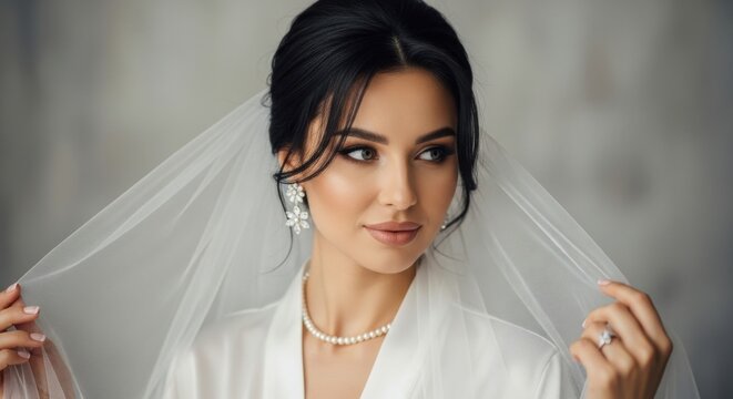 Beautiful bride wearing veil and jewelry, preparing for wedding ceremony indoors in soft light - Powered by Adobe