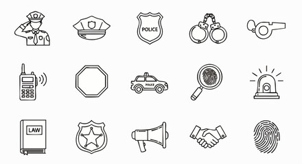 A collection of line art illustrations, depicting law enforcement symbols and equipment, perfect for design projects and informative visuals.