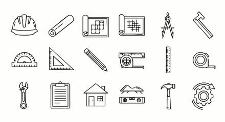 Collection of vector line art construction tools and equipment icons, perfect for design and architectural projects.