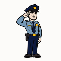 A cartoon illustration depicts a police officer in uniform saluting with a smile, representing law enforcement and public service.