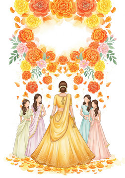 Indian Bride Back View with Bridesmaids and Floral Decor