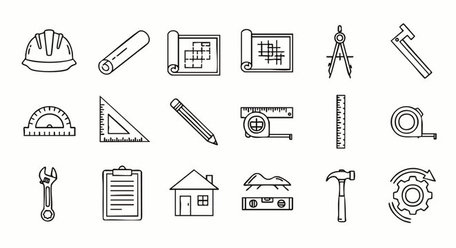 Collection of vector line art construction tools and equipment icons, perfect for design and architectural projects.
