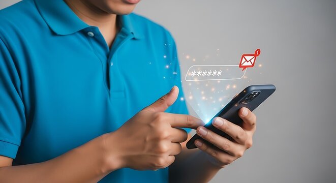 Man using smartphone with email notification hologram.
