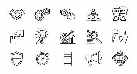 A collection of business and management icons, representing teamwork, problem-solving, and strategic planning, all depicted in a clean, modern, and easily understandable line art style.
