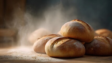 Freshly baked artisanal bread loaves dusted in flour with atmospheric mist in a rustic bakery setting