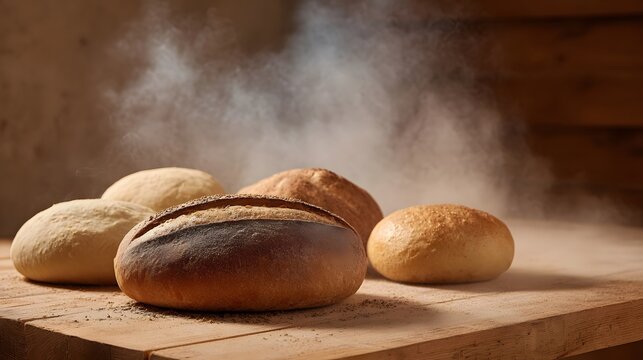 Freshly baked artisan bread loaves and raw dough rising with steam on a rustic wooden table in a warm bakery setting