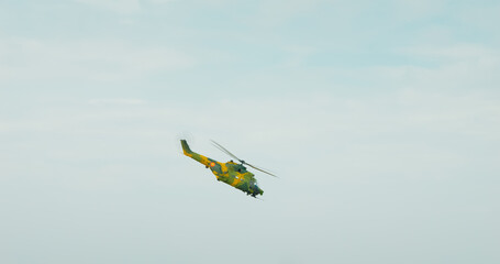 IAR 330 Puma SOCAT helicopter shows flight techniques at Bucharest International Air Show. IAR 330 Puma SOCAT a military helicopter at BIAS 2024.