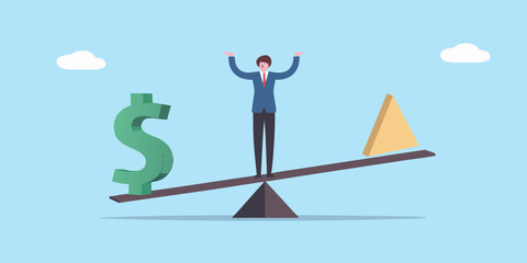 Obraz premium Balancing act businessman weighing opportunity against financial risk on a seesaw
