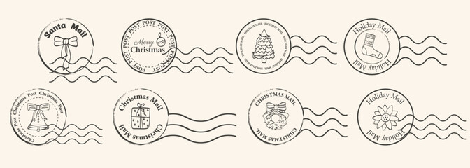 Merry Christmas postage stamps or seals collection. Badges, stickers or icons for winter travel postcards in retro design. Labels for frames and decorations.Vector illustration.