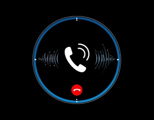 Graphic with a white phone icon emitting sound waves in a circle with a crosshair on a black background, and a red hang-up button