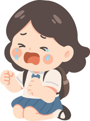 Illustration of Crying Schoolgirl with Backpack