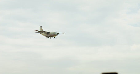 Spartan aircraft flying close to the ground at the International airport Bucharest. Alenia C-27J Spartan a military aircraft at BIAS 2024.