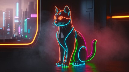 Neon cyber cat in futuristic city street