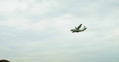 Spartan Fly above people and the airport at Bucharest International Air Show. Alenia C-27J Spartan a military helicopter at BIAS 2024.