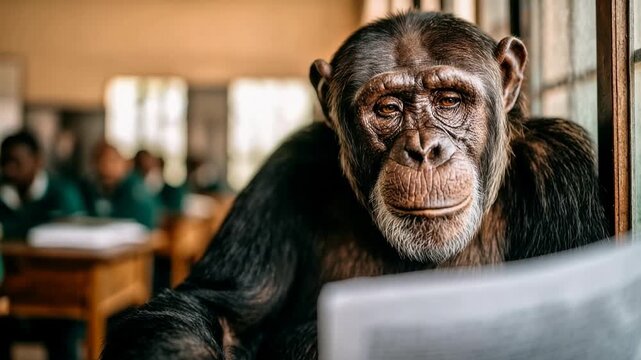 Thoughtful chimpanzee in classroom setting, close portrait that mixes humor and empathy while exploring animal intelligence, curiosity and observation  cinematic stock video in authentic style, craft