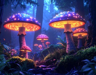 Enchanting forest scene with luminescent mushrooms of varying sizes, illuminated in the dense, mysterious woodlands with a calming glow