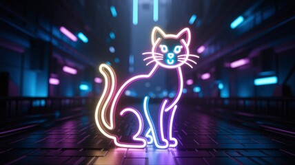 Neon cyber cat in futuristic city street