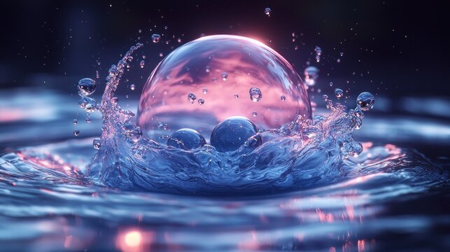 Water sphere suspended above water, splashing, pink and blue light reflecting