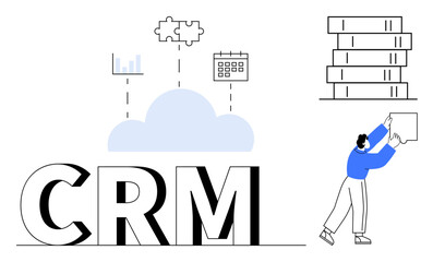 Fototapeta premium CRM system. CRM streamlines business operations with cloud integration, analytics, and task management. CRM enhances customer interaction and organizational efficiency. Ideal for business, workflow