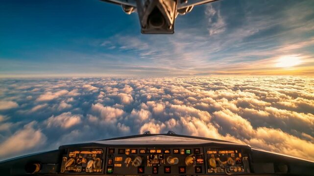 Awe‑inspiring cockpit view above the clouds at sunrise, glowing avionics and panoramic sky create an epic travel moment, professional aviation perspective that sells the dream of flight and discovery.