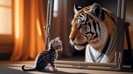 Kitten Looking in Mirror and Seeing a Tiger Reflection