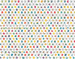 Colorful pattern of hexagons and arrows within a repeating triangular grid