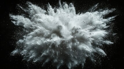 White powder explosion against black. Dense center fading out into smaller particles