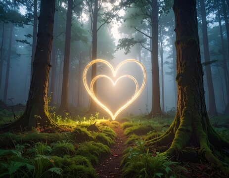 glowing, heart, symbol, misty, forest, scene, enchante, light, magic, fantasy, love, abstract, nature, concept, romantic, wallpaper, dreamy, fog, surreal, ethereal, particle, bokeh, mystical, dark, wo