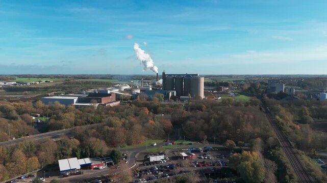 Aerial view of Bury St Edmunds with sugar factory near Tesco lake