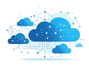 Graphic with abstract cloud shapes, connected by lines and dots, suggesting a digital network on white background